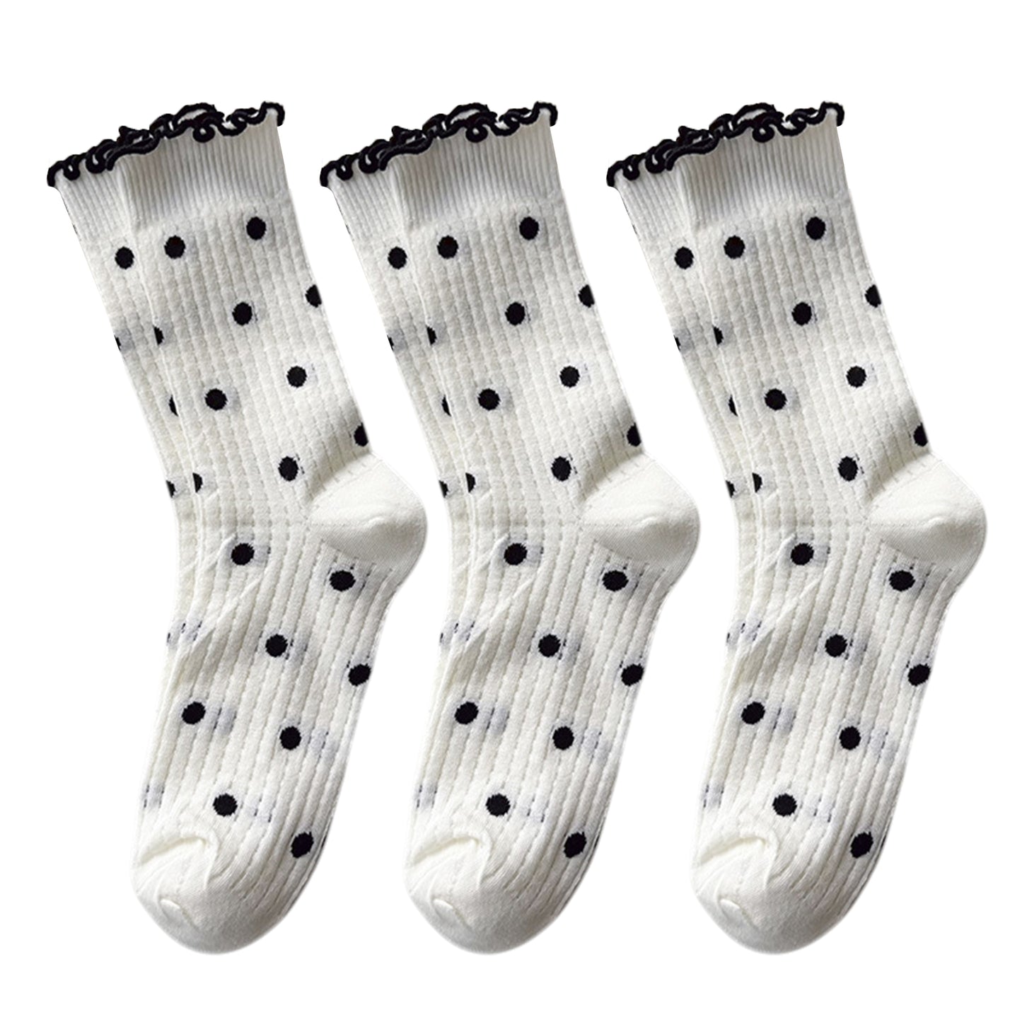 3 Pairs Women's Mid-Calf Polka Dot Socks with Lettuce Edge Cuff