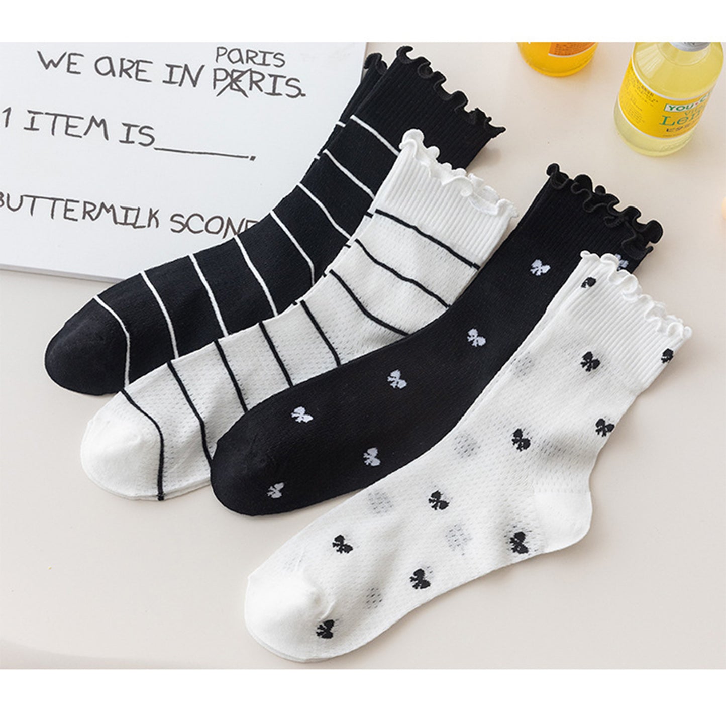 3 Pairs Women's Sheer Mesh Socks with Bow and Stripe Patterns and Ruffled Cuff