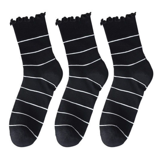 3 Pairs Women's Sheer Mesh Socks with Bow and Stripe Patterns and Ruffled Cuff