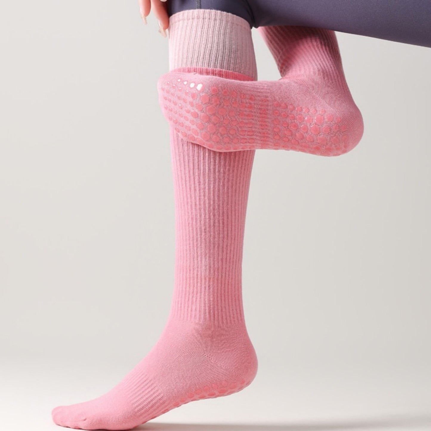 2-Pair Knee High Grip Bottom Socks with Ribbed Knit Design and Cushioned Comfort for Yoga, Pilates, and Dance