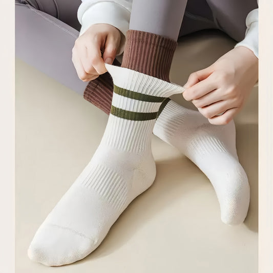 3-Pair Mid-Calf Grip Bottom Socks with Striped Cuff and Soft Ribbed Knit for Everyday Comfort and Stability