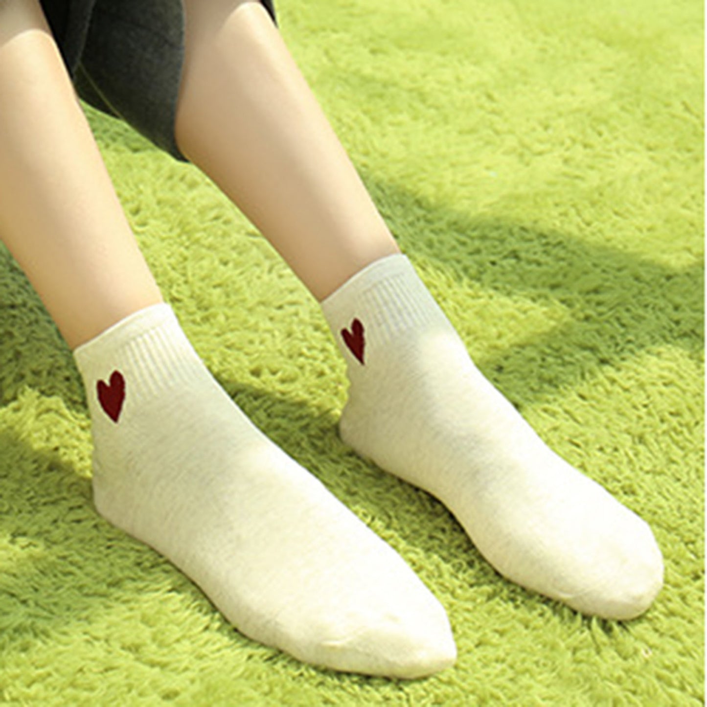 5-Pair Ankle Socks with Ribbed Cuff and Embroidered Heart Accent for Everyday Comfort and Style