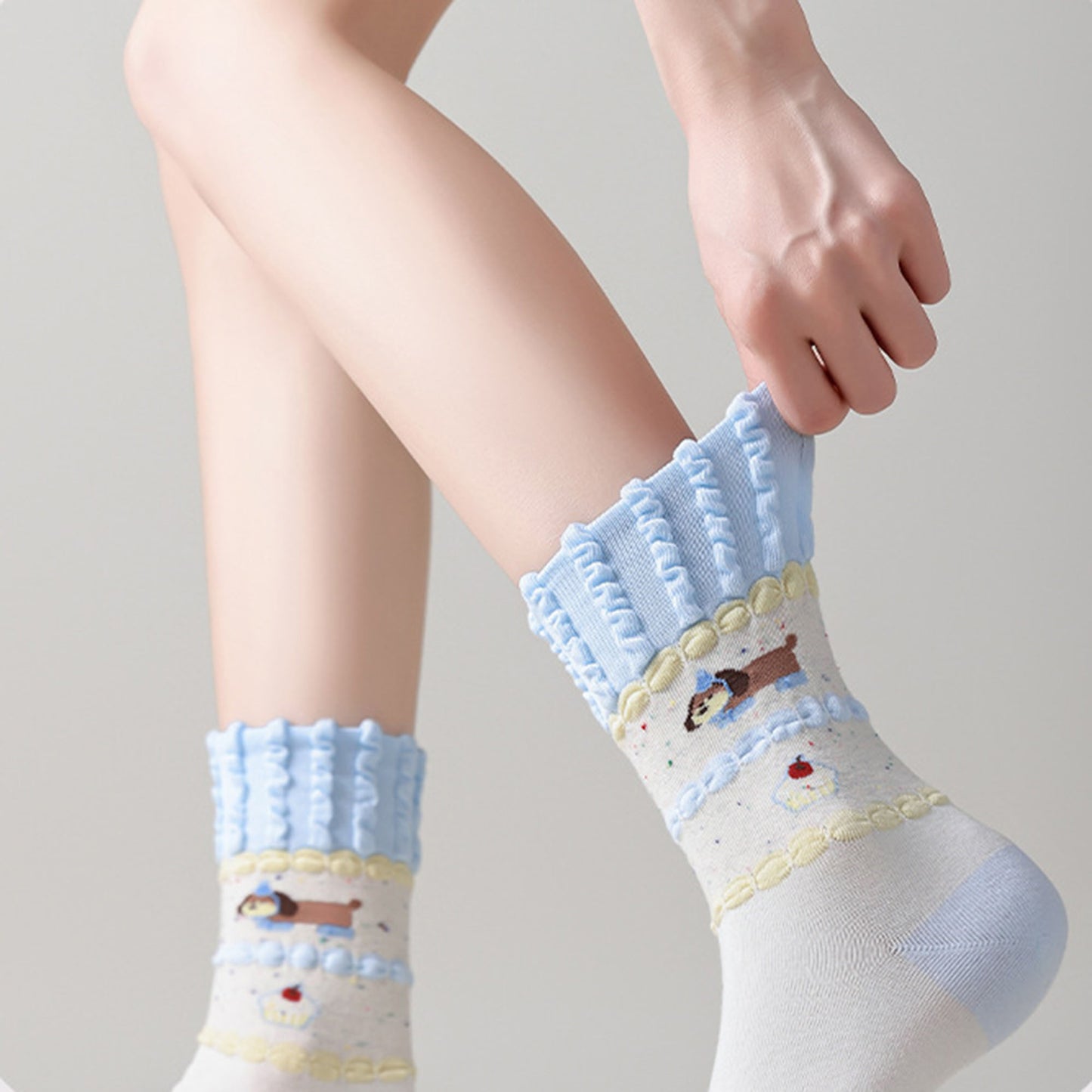 2-Pair Ruffle Cuff Crew Socks with Soft Knit Fabric Playful Character Pattern and Stretch Fit