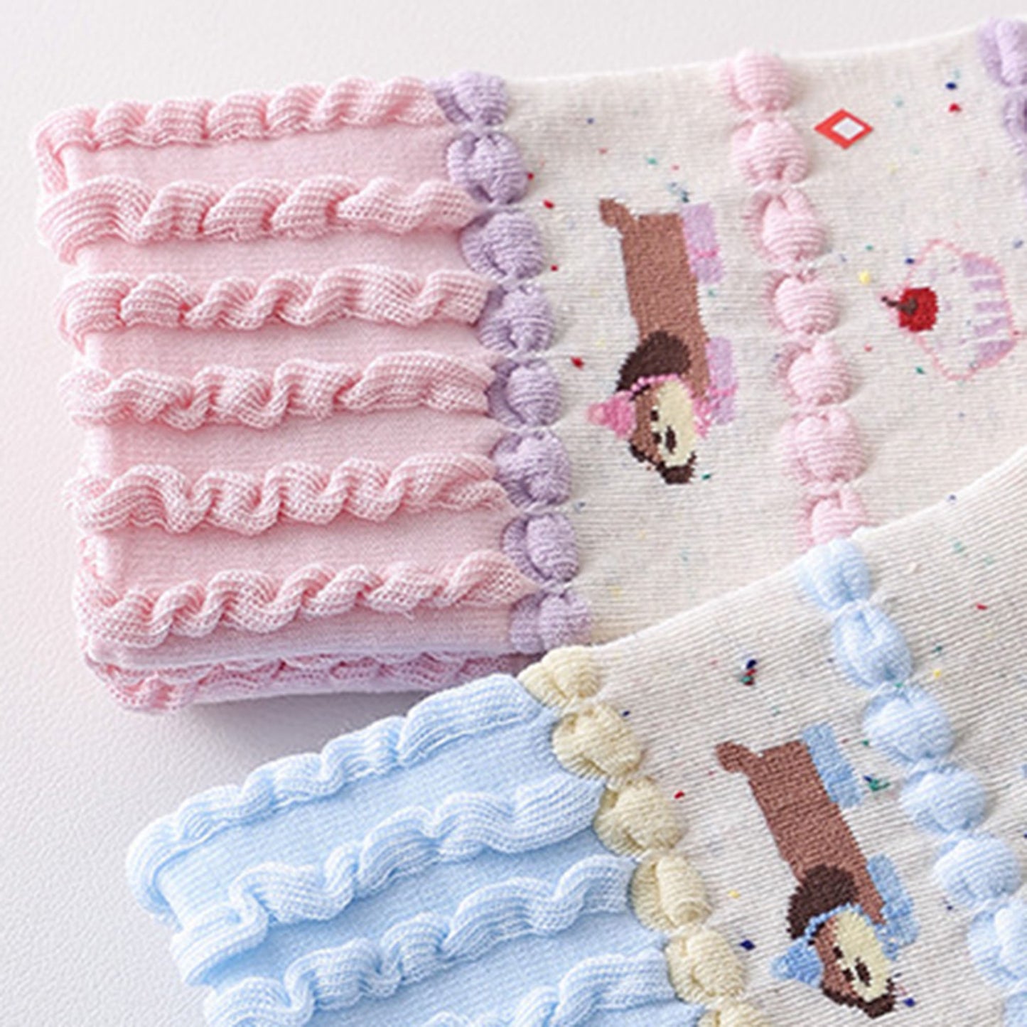 2-Pair Ruffle Cuff Crew Socks with Soft Knit Fabric Playful Character Pattern and Stretch Fit