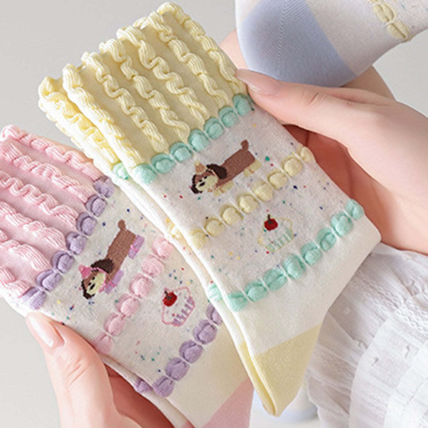 2-Pair Ruffle Cuff Crew Socks with Soft Knit Fabric Playful Character Pattern and Stretch Fit