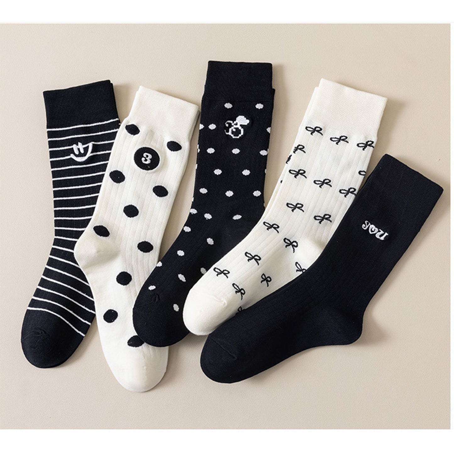3 Pairs Women's Casual Crew Socks Assorted Patterns Striped Polka Dot and Bow Embroidery