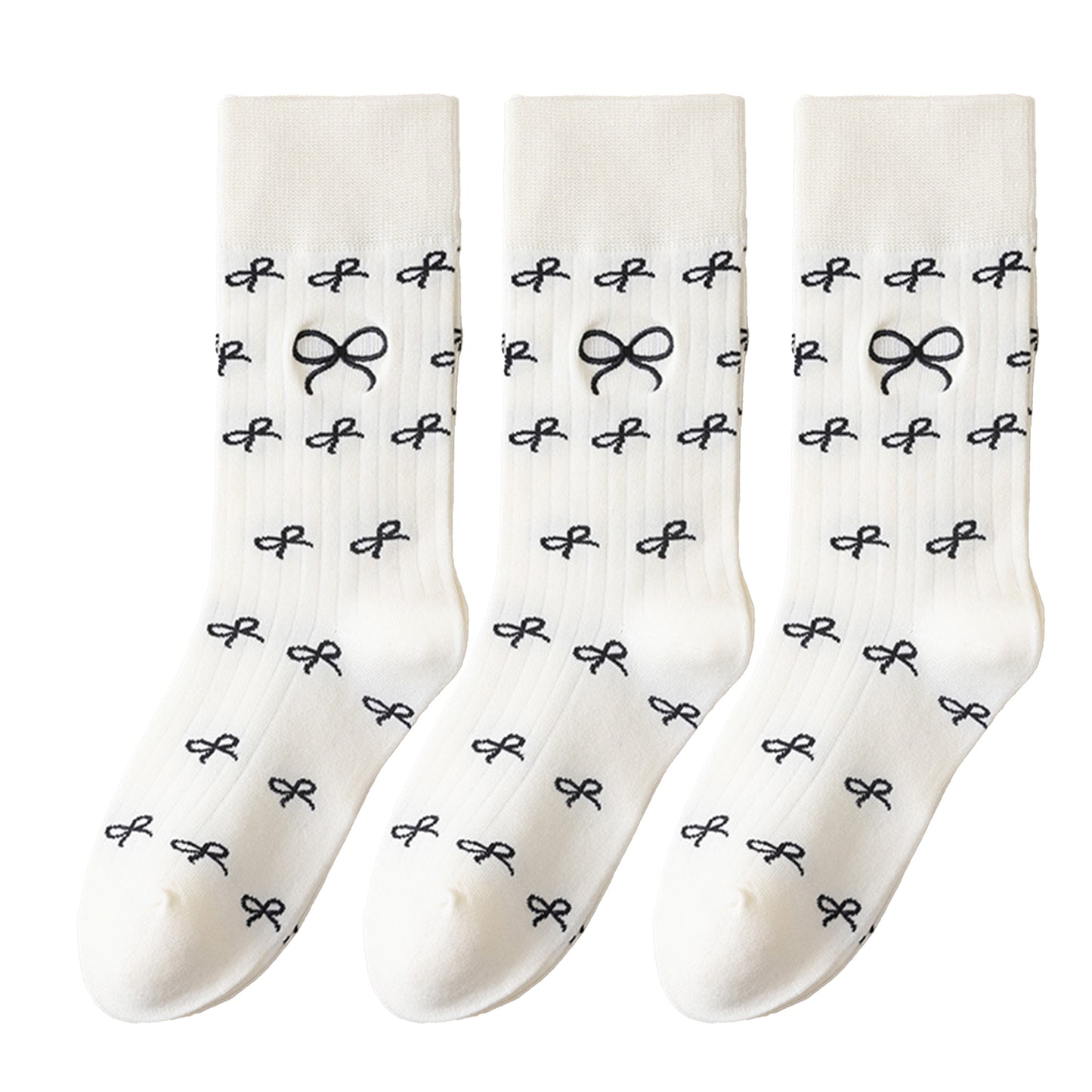 3 Pairs Women's Casual Crew Socks Assorted Patterns Striped Polka Dot and Bow Embroidery