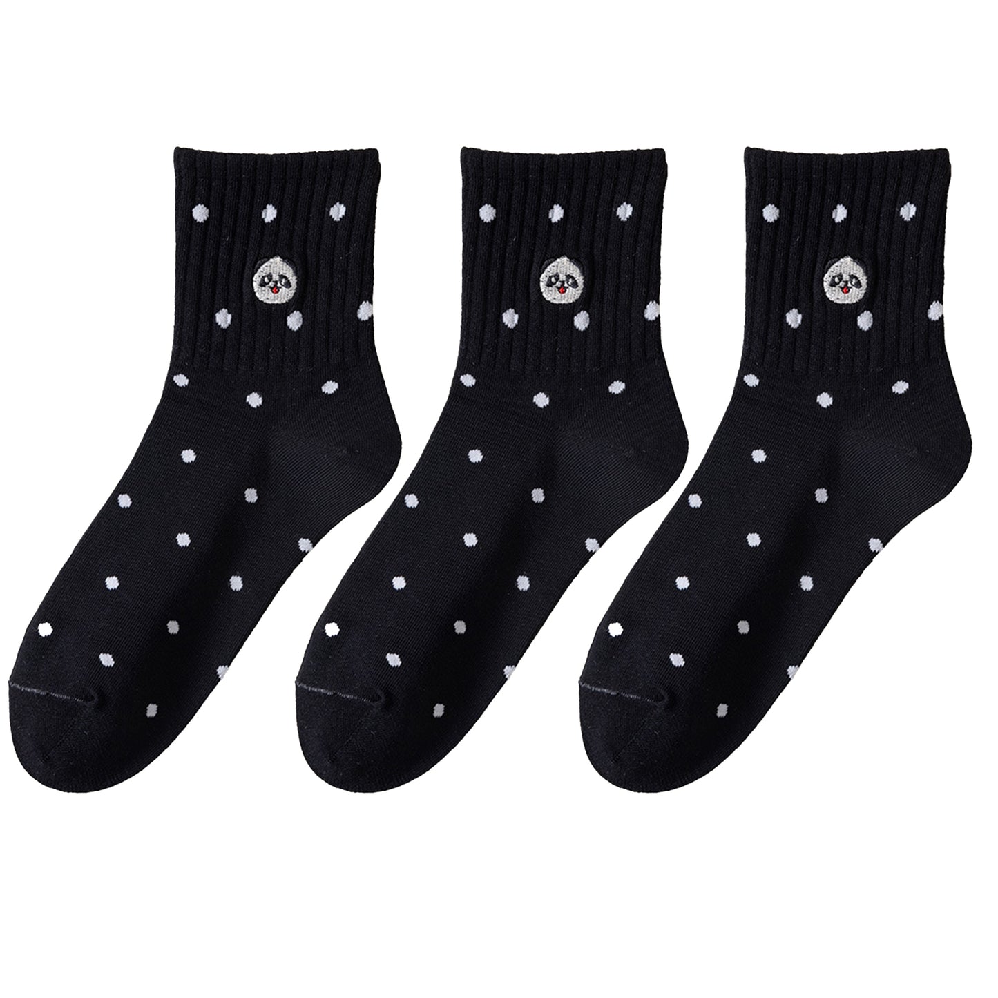 3 Pairs Women's Crew Socks with Polka Dot Pattern and Panda Embroidery