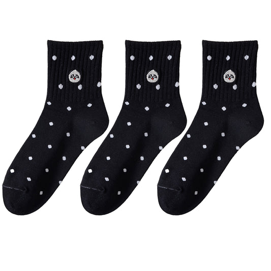 3 Pairs Women's Crew Socks with Polka Dot Pattern and Panda Embroidery