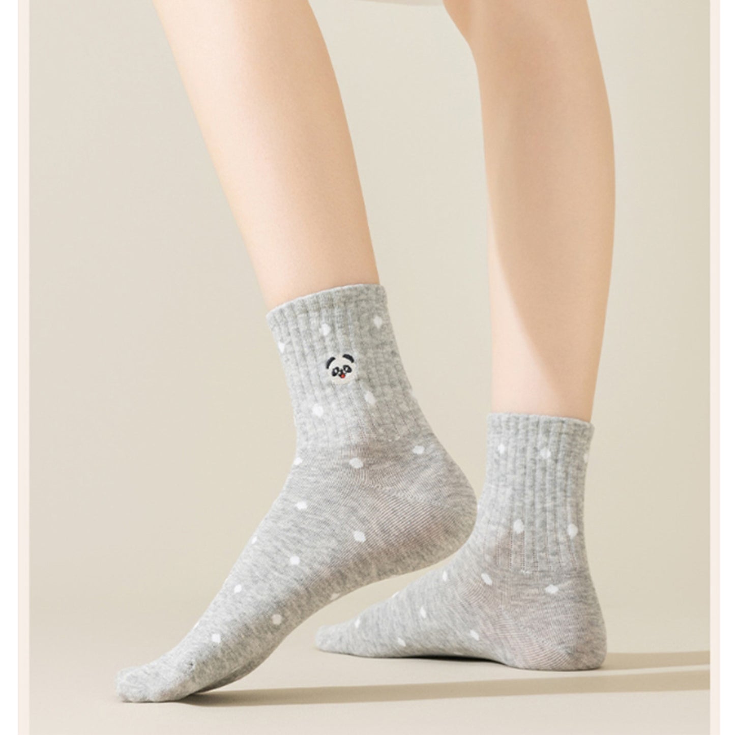 3 Pairs Women's Crew Socks with Polka Dot Pattern and Panda Embroidery