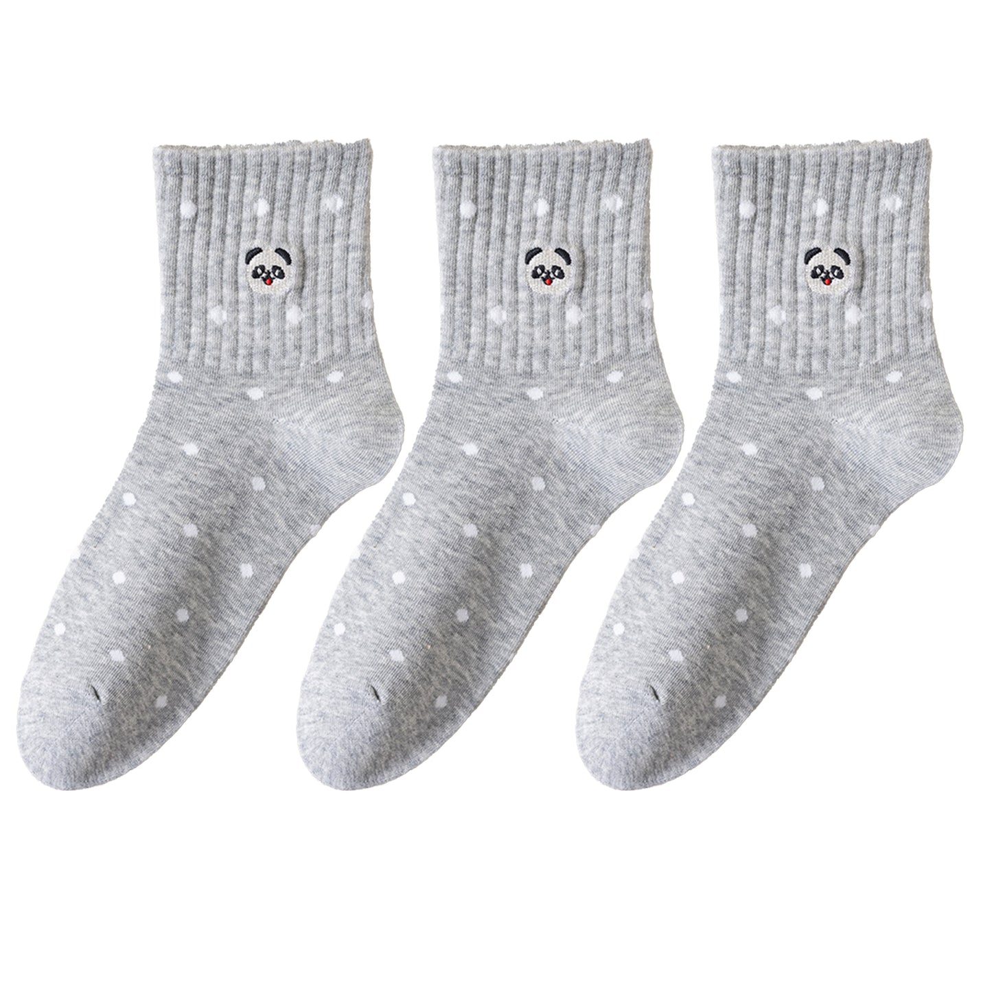 3 Pairs Women's Crew Socks with Polka Dot Pattern and Panda Embroidery