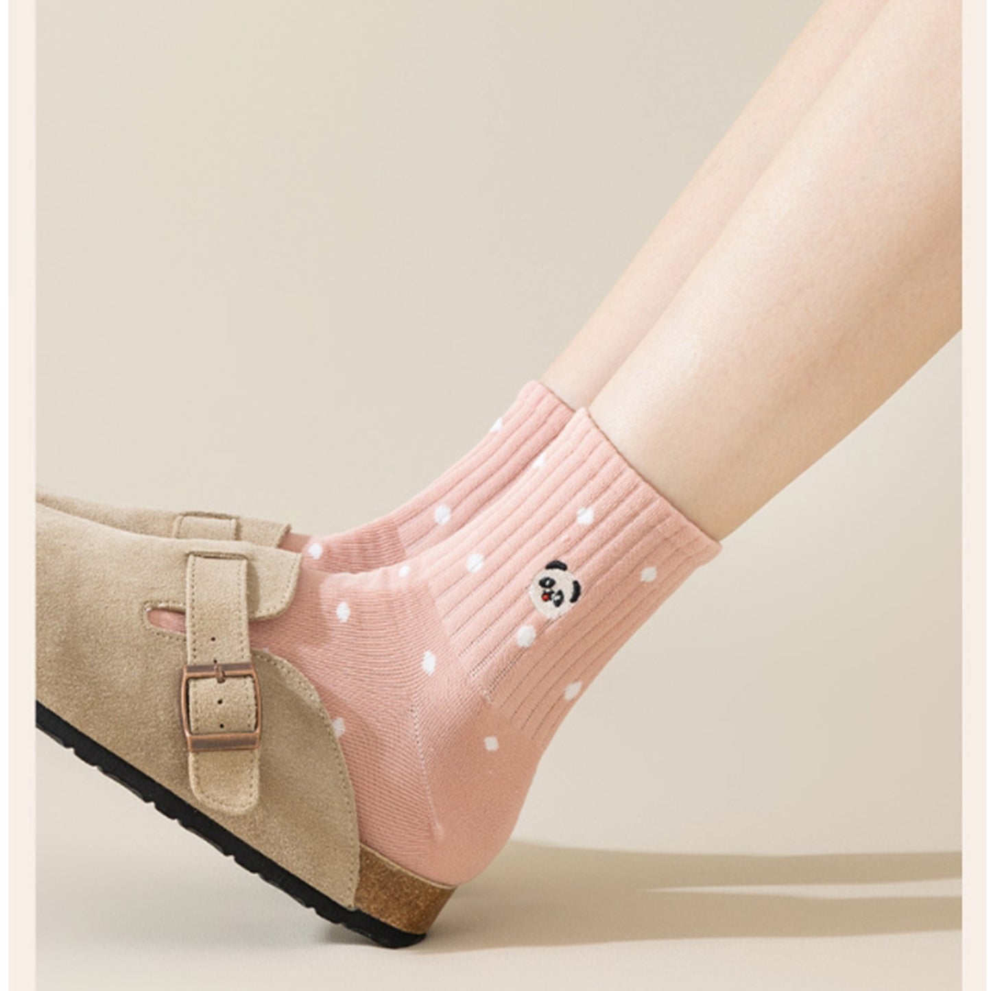 3 Pairs Women's Crew Socks with Polka Dot Pattern and Panda Embroidery