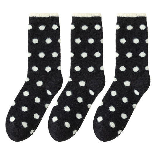 3 Pairs Women's Plush Crew Socks with Polka Dot Pattern and Thick Fleece Lining