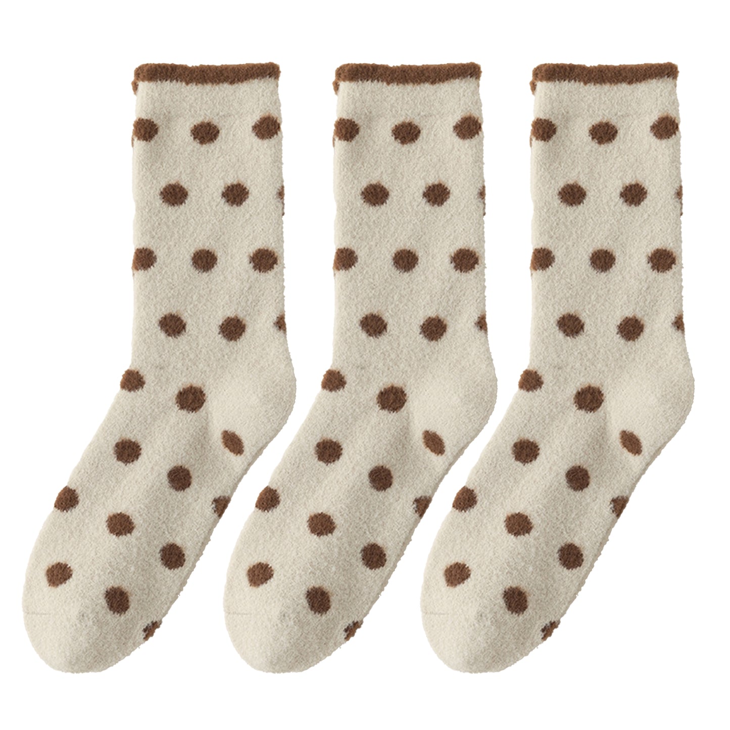 3 Pairs Women's Plush Crew Socks with Polka Dot Pattern and Thick Fleece Lining