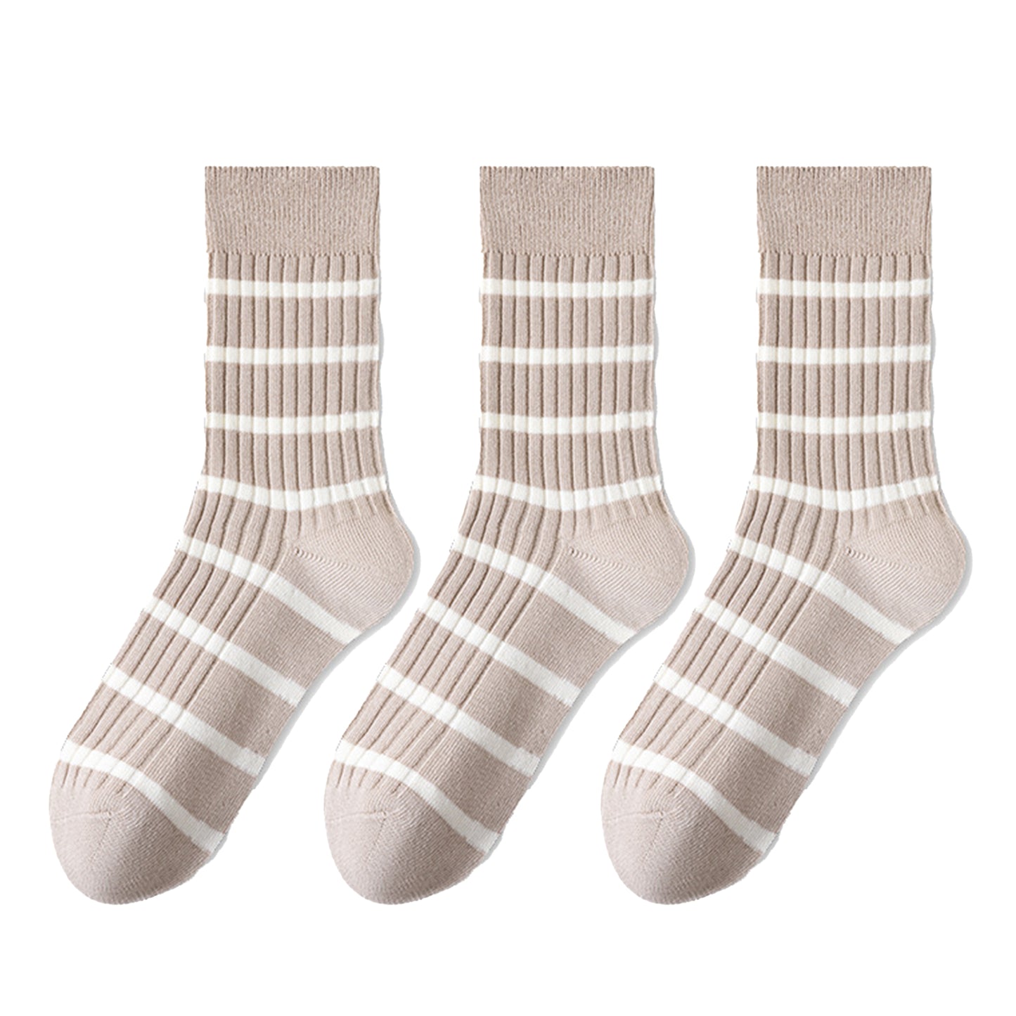 3 Pairs Women's Striped Crew Socks with Ribbed Knit Design and Anti-Pilling Cotton Blend