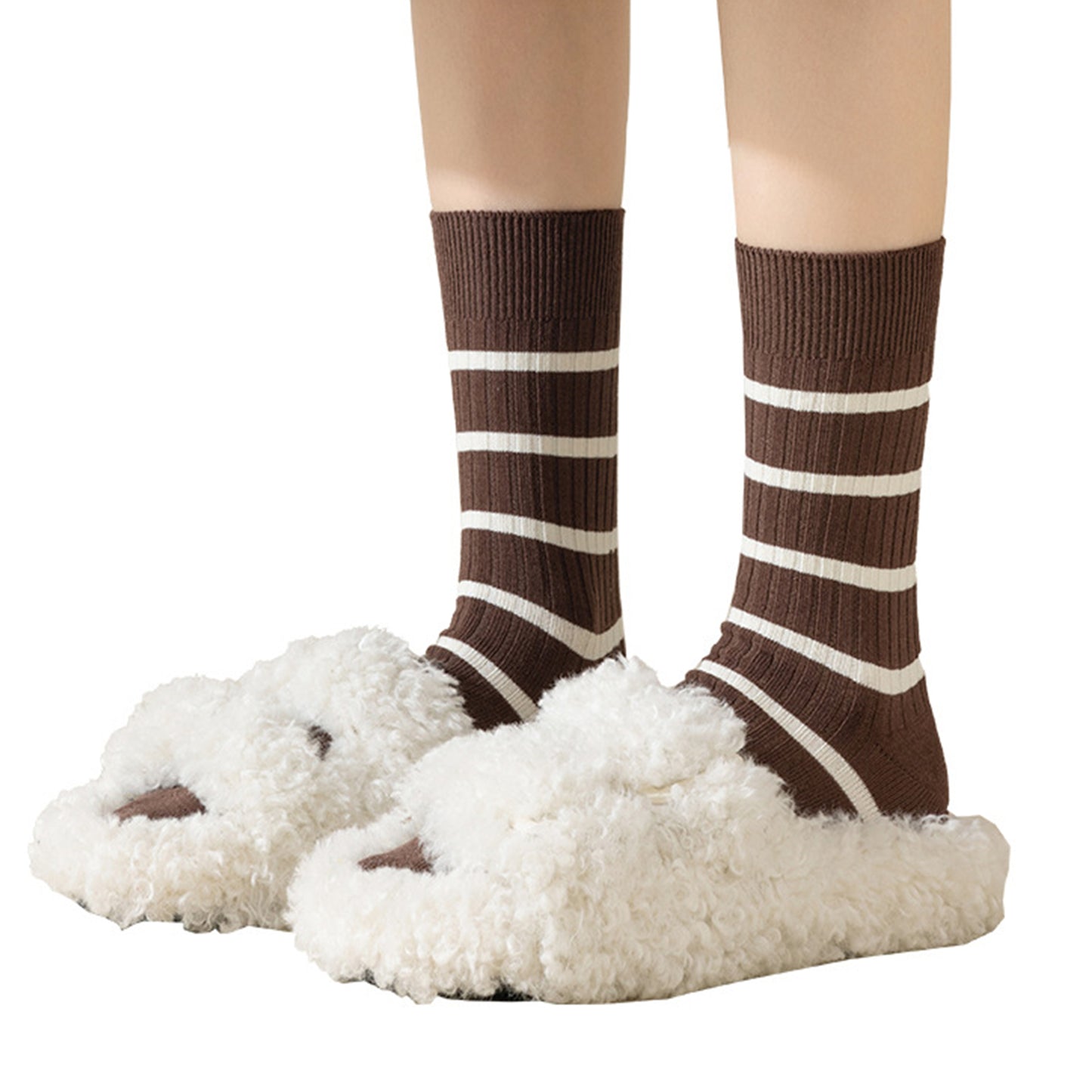 3 Pairs Women's Striped Crew Socks with Ribbed Knit Design and Anti-Pilling Cotton Blend