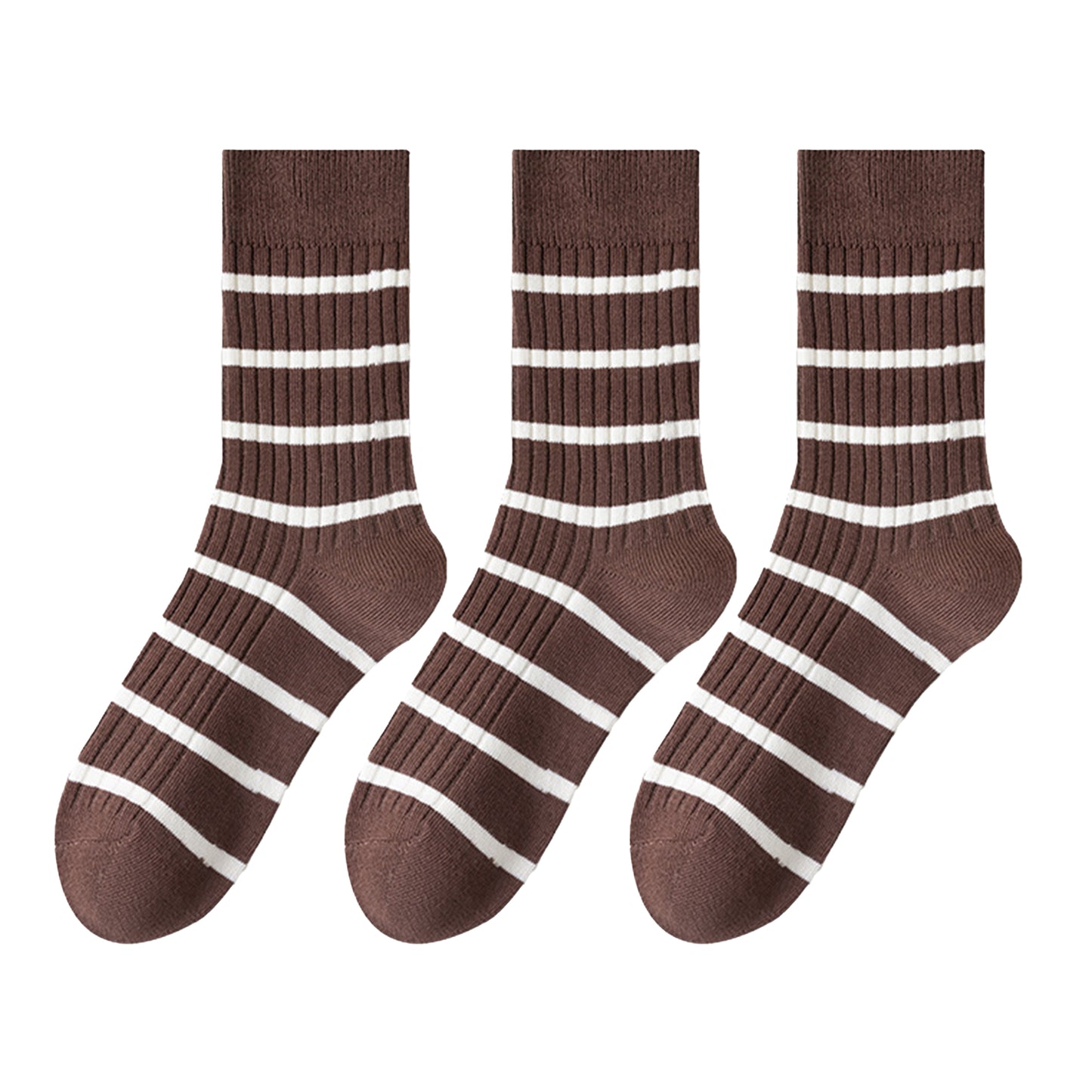 3 Pairs Women's Striped Crew Socks with Ribbed Knit Design and Anti-Pilling Cotton Blend