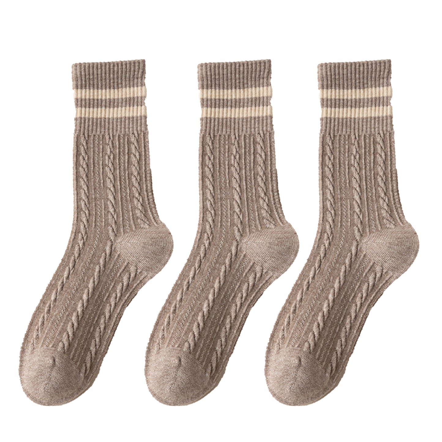 3 Pairs Women's Cable Knit Crew Socks with Ribbed Cuffs and Soft Warm Cotton Blend