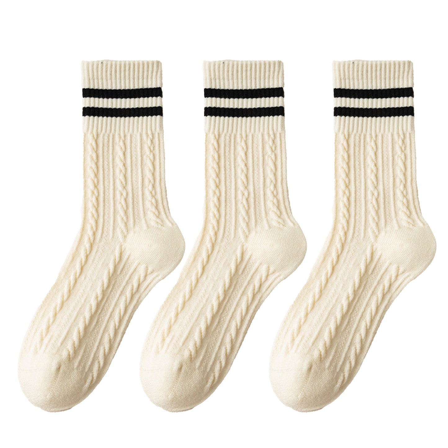 3 Pairs Women's Cable Knit Crew Socks with Ribbed Cuffs and Soft Warm Cotton Blend