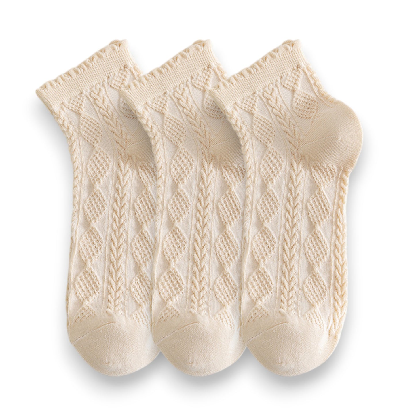 3 Pairs Textured Diamond Socks with Knitted Pattern and Scalloped Trim