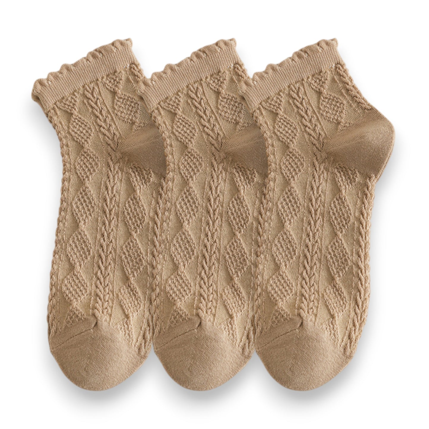 3 Pairs Textured Diamond Socks with Knitted Pattern and Scalloped Trim