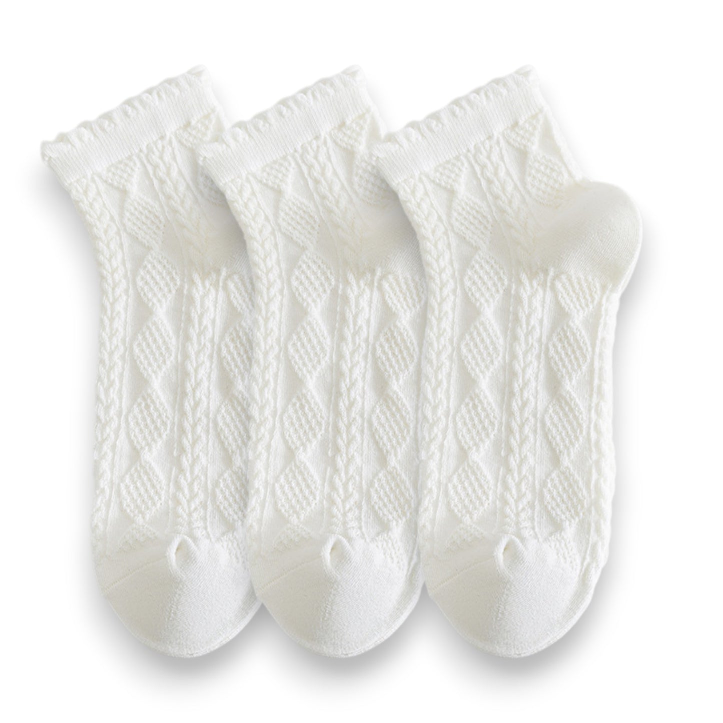 3 Pairs Textured Diamond Socks with Knitted Pattern and Scalloped Trim