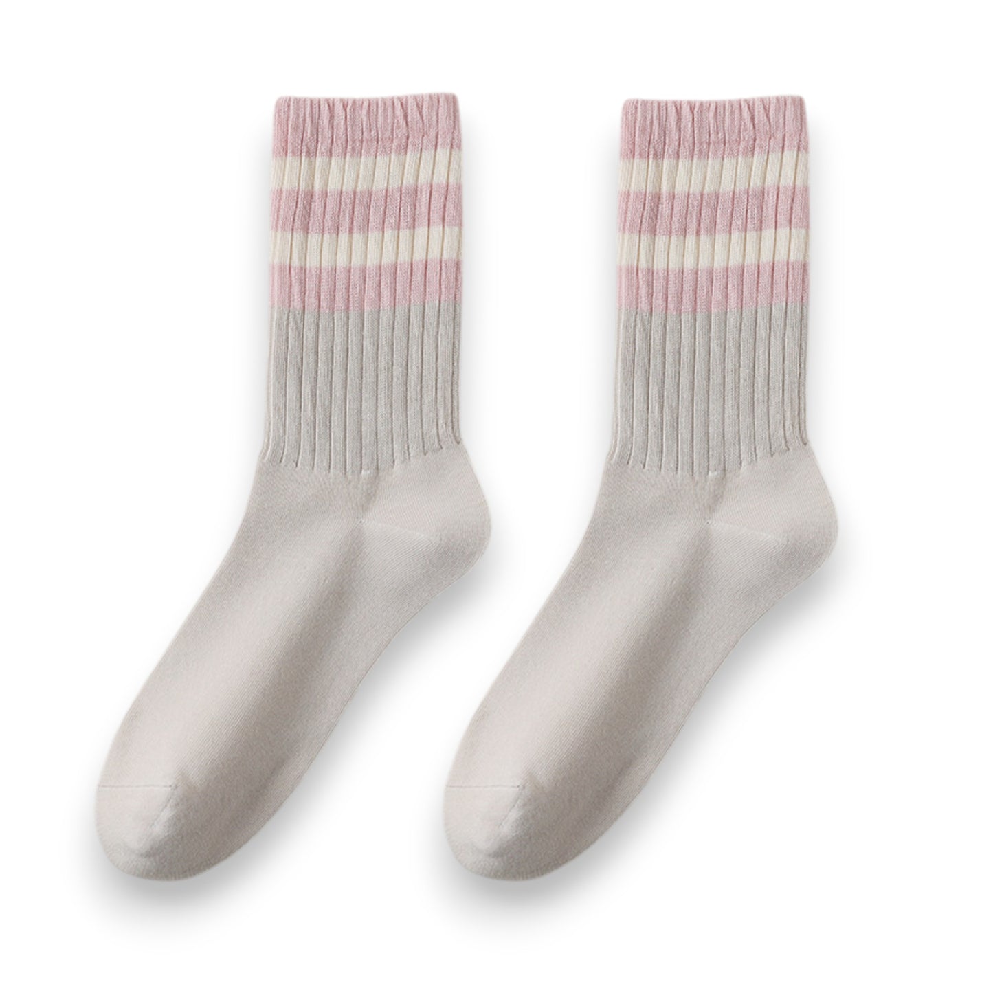 3-Pack Mid Crew Cotton Socks with Striped Cuffs Ribbed Knit Casual and Easy Matching
