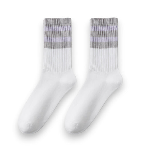 3-Pack Mid Crew Cotton Socks with Striped Cuffs Ribbed Knit Casual and Easy Matching