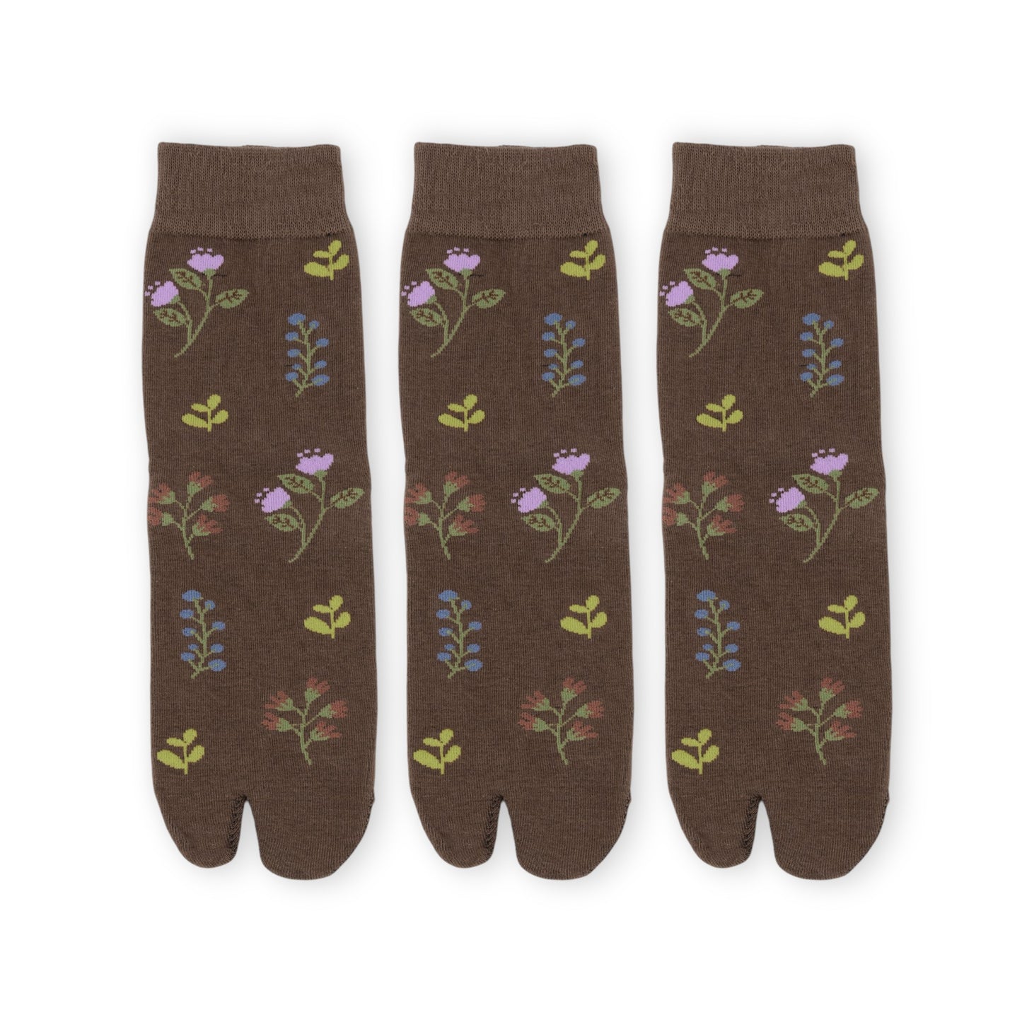 3 Pairs Floral Patterned Split-Toe Socks Soft Cotton Stretch Knit Crew Style