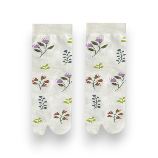 3 Pairs Floral Patterned Split-Toe Socks Soft Cotton Stretch Knit Crew Style