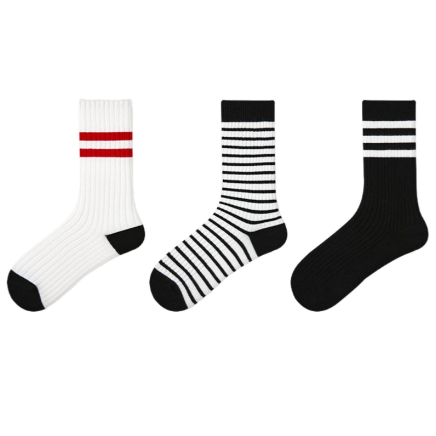 3 Pack Crew Socks Set Ribbed Knit Athletic Stripe and Classic Pattern Casual Everyday Wear