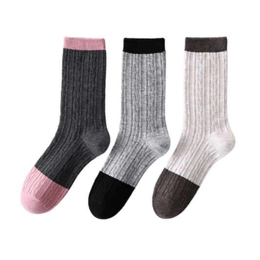 3 Pair Cable Knit Crew Socks with Contrast Color Block Design and Soft Stretch Comfort