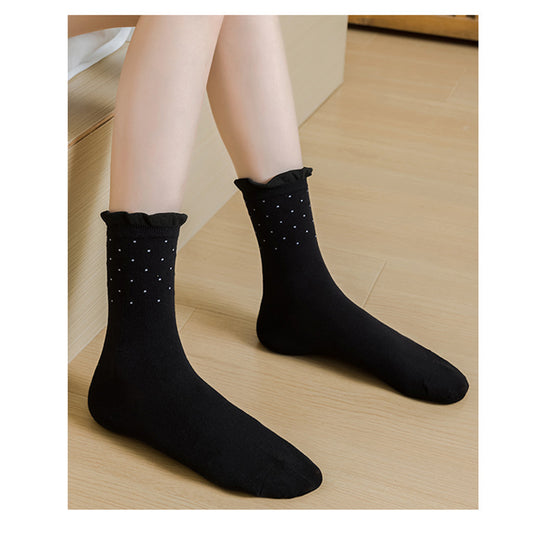 4 Pairs Knit Socks with Polka Dot Design Ruffle Edge Ribbed Cuffs Soft Stretch Fabric