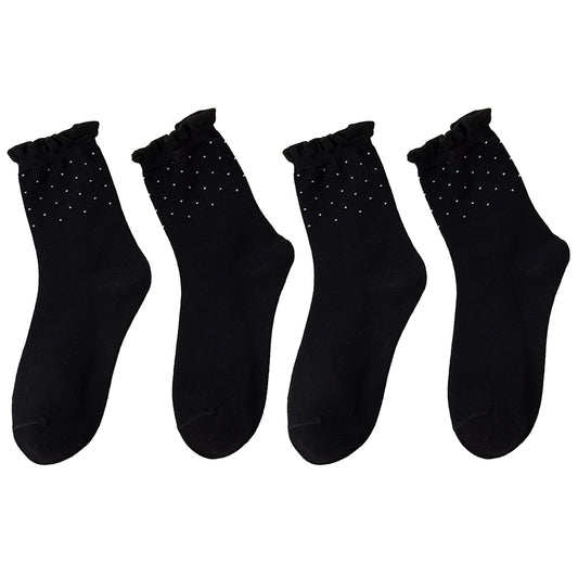 4 Pairs Knit Socks with Polka Dot Design Ruffle Edge Ribbed Cuffs Soft Stretch Fabric