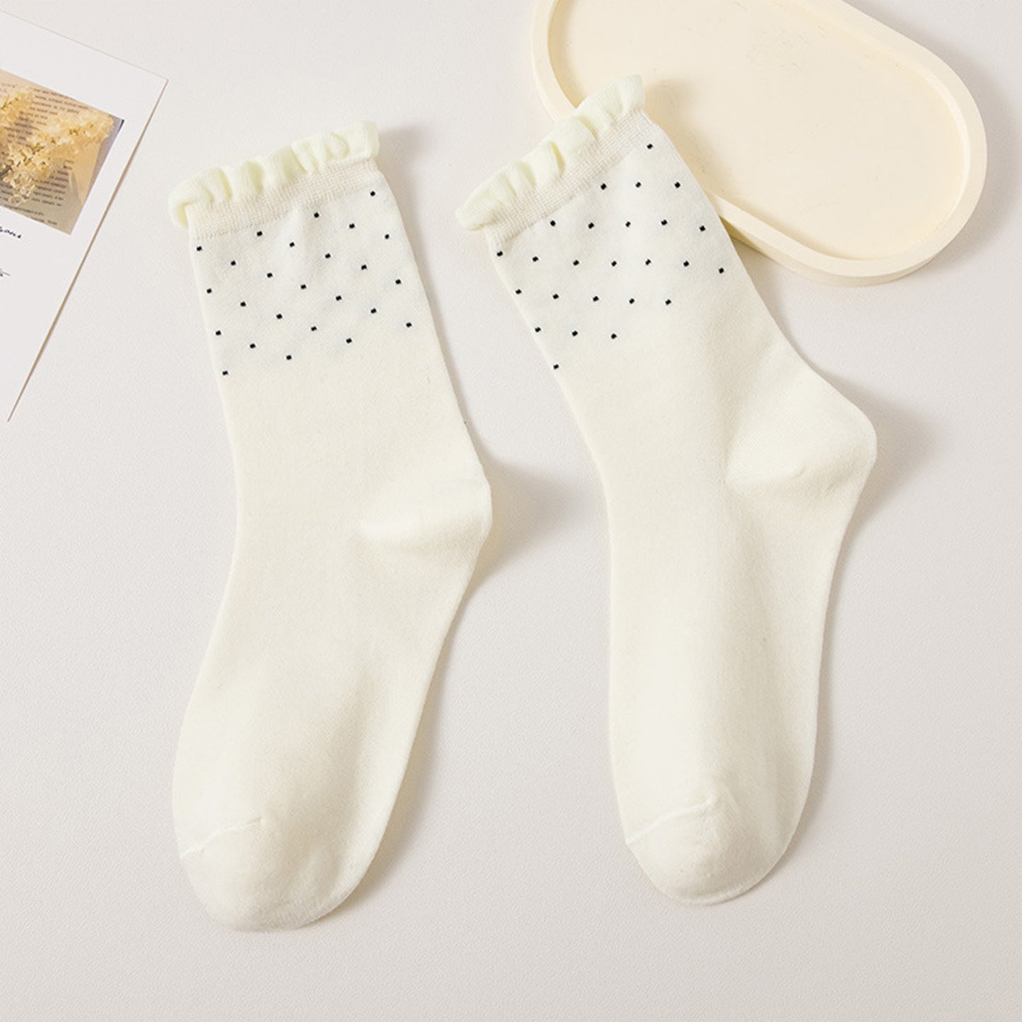 4 Pairs Knit Socks with Polka Dot Design Ruffle Edge Ribbed Cuffs Soft Stretch Fabric