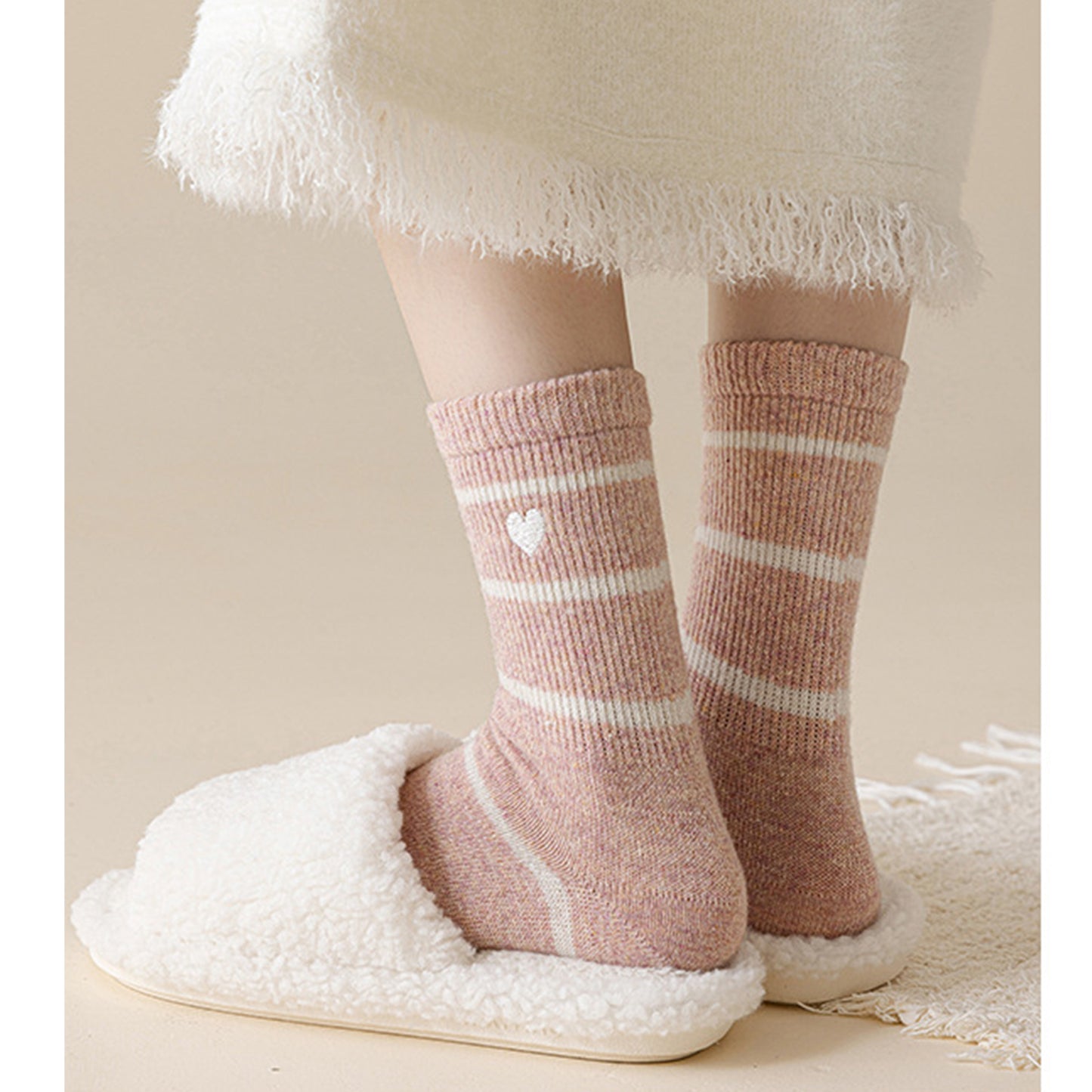 3 Pairs Knit Socks with Striped Pattern Heart Embroidery Ribbed Cuffs Soft Warm Fabric