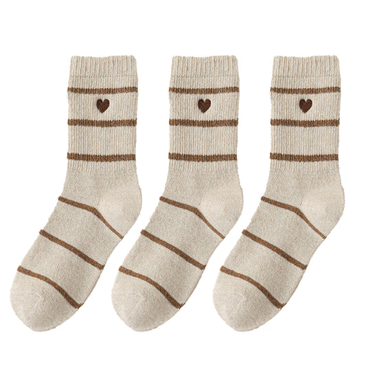 3 Pairs Knit Socks with Striped Pattern Heart Embroidery Ribbed Cuffs Soft Warm Fabric