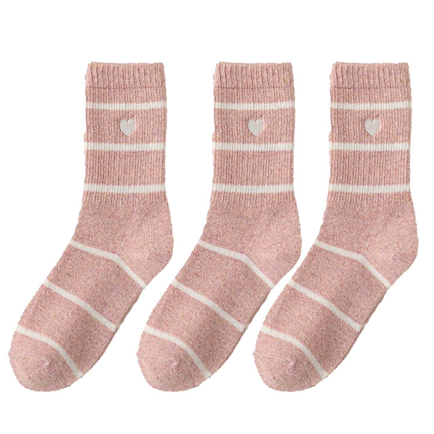 3 Pairs Knit Socks with Striped Pattern Heart Embroidery Ribbed Cuffs Soft Warm Fabric