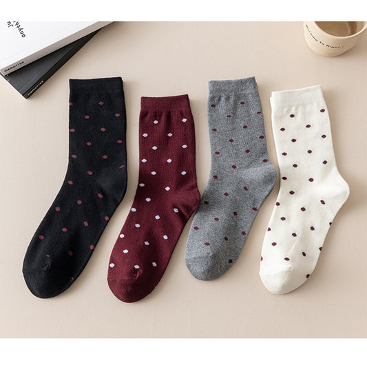 4 Pairs Knit Socks with Polka Dot Pattern Ribbed Cuffs Soft Stretch Fabric