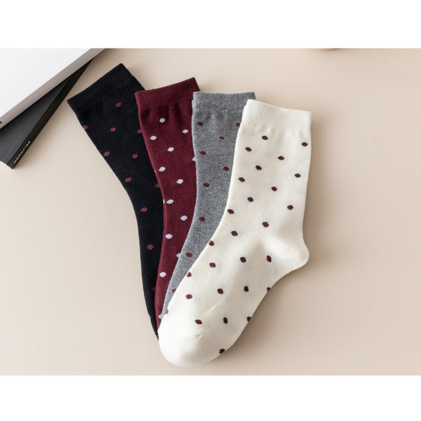 4 Pairs Knit Socks with Polka Dot Pattern Ribbed Cuffs Soft Stretch Fabric