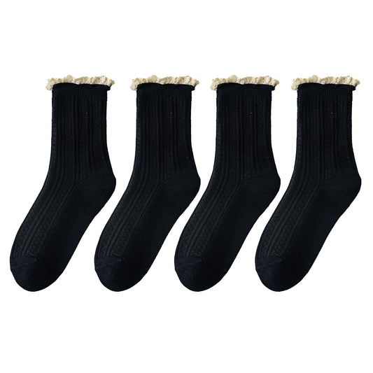 4 Pairs Knit Socks with Ribbed Texture Lace Ruffle Trim Ribbed Cuffs Soft Stretch Fabric