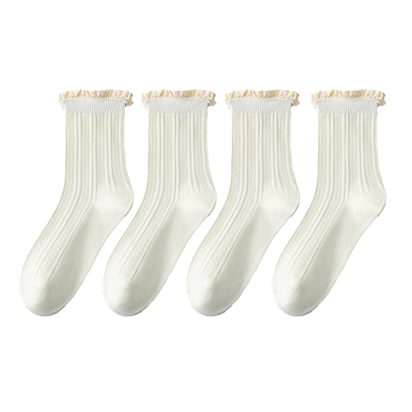4 Pairs Knit Socks with Ribbed Texture Lace Ruffle Trim Ribbed Cuffs Soft Stretch Fabric