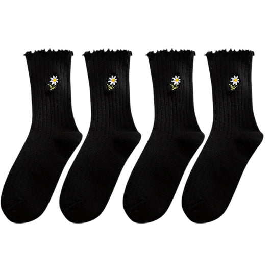4 Pairs Ribbed Knit Socks with Daisy Embroidery Lettuce Edge Cuffs Soft Stretch Fabric