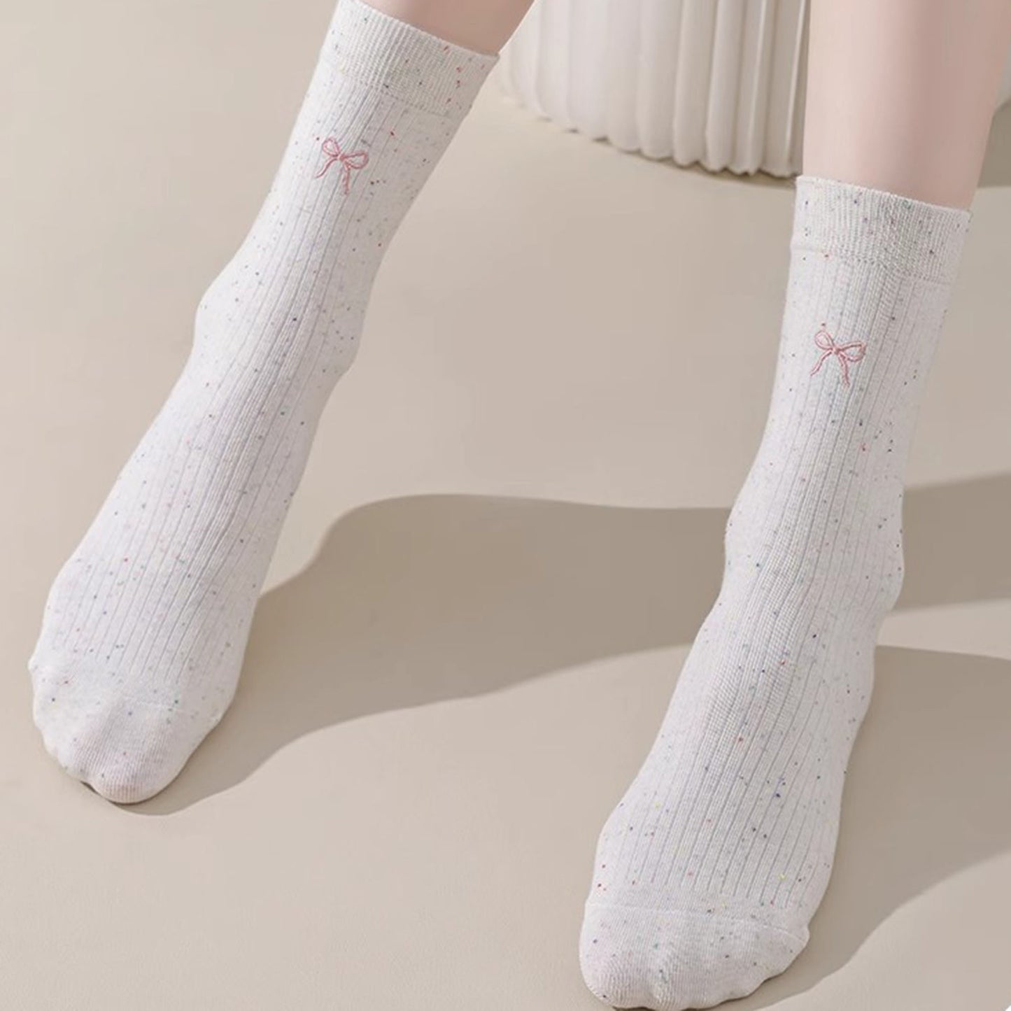 3 - Pack Crew Socks with Embroidered Bow Detail and Soft Ribbed Knit Fabric