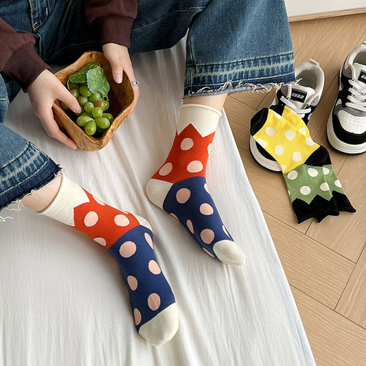 6pk Women's Color - Blocked Polka Dot Cotton Ankle Socks - Trendy Ins - Style Socks