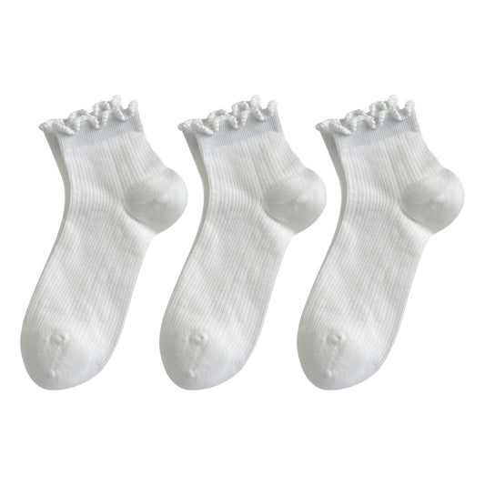 3-Pair Pack Cotton Mesh Ankle Socks with Delicate Ruffle Trim