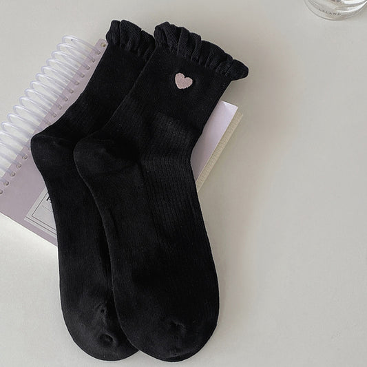 3-Pack Breathable Cotton Blend Socks with Ruffle Trim and Heart Embroidery