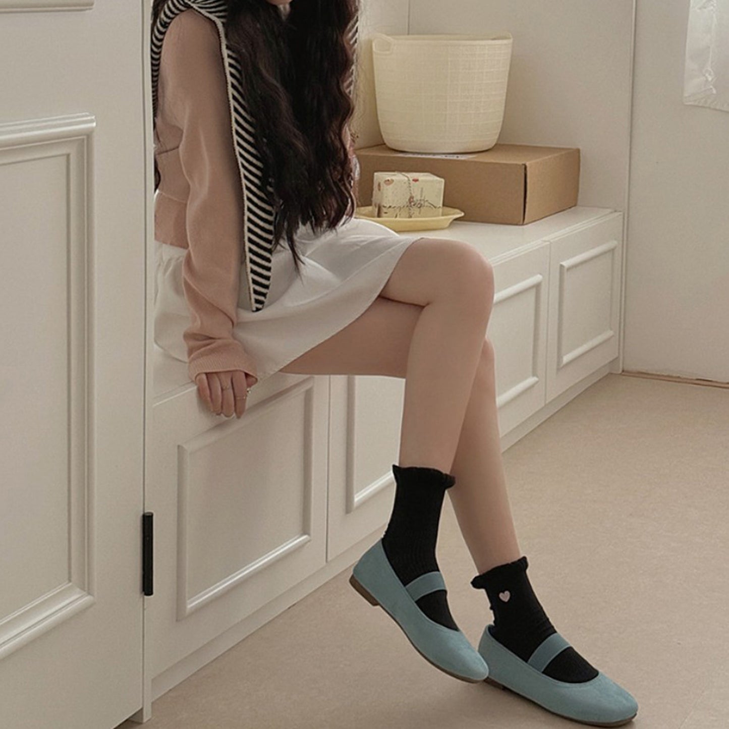 3-Pack Breathable Cotton Blend Socks with Ruffle Trim and Heart Embroidery