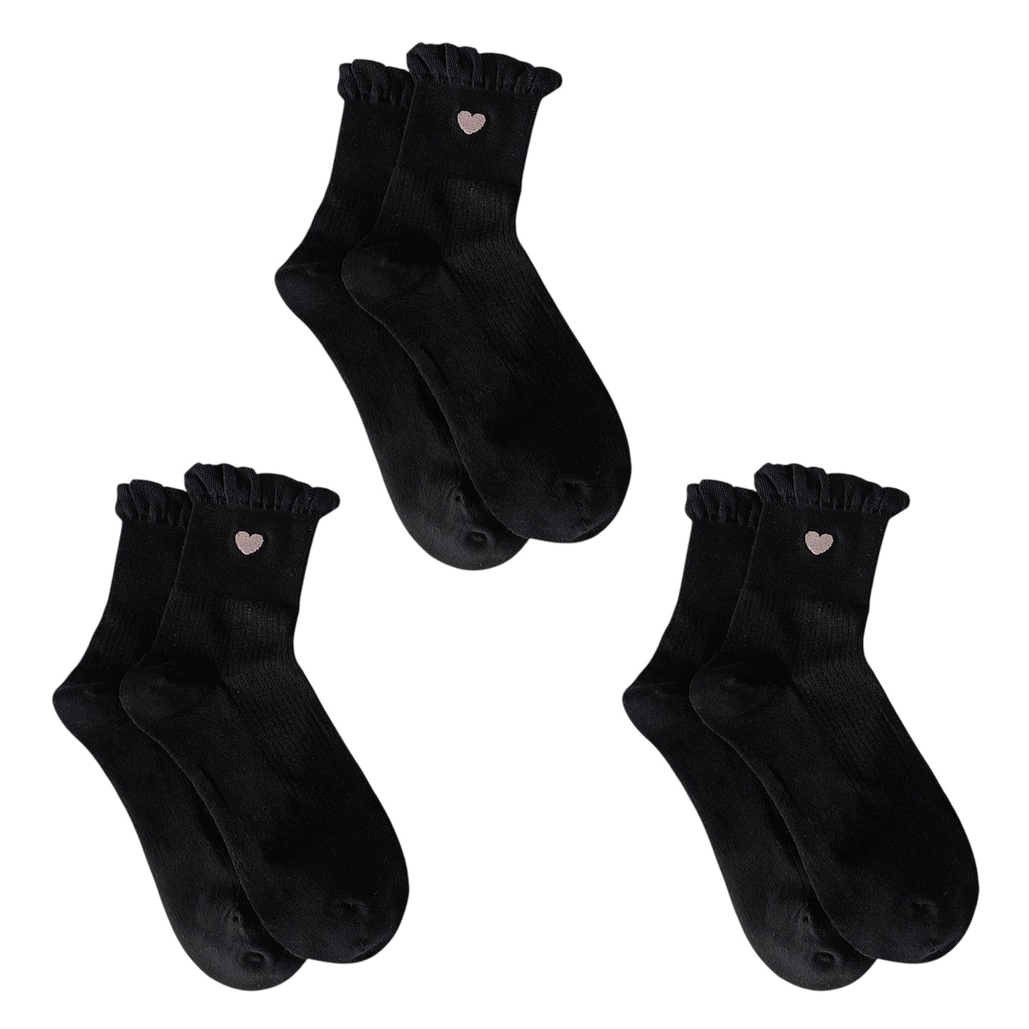 3-Pack Breathable Cotton Blend Socks with Ruffle Trim and Heart Embroidery
