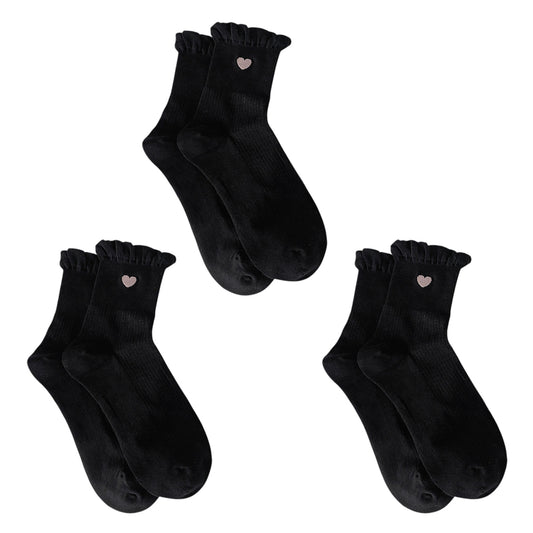 3-Pack Breathable Cotton Blend Socks with Ruffle Trim and Heart Embroidery
